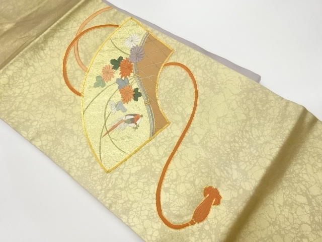 リサイクル　引箔金駒刺繍地紙に菊・鳥模様名古屋帯